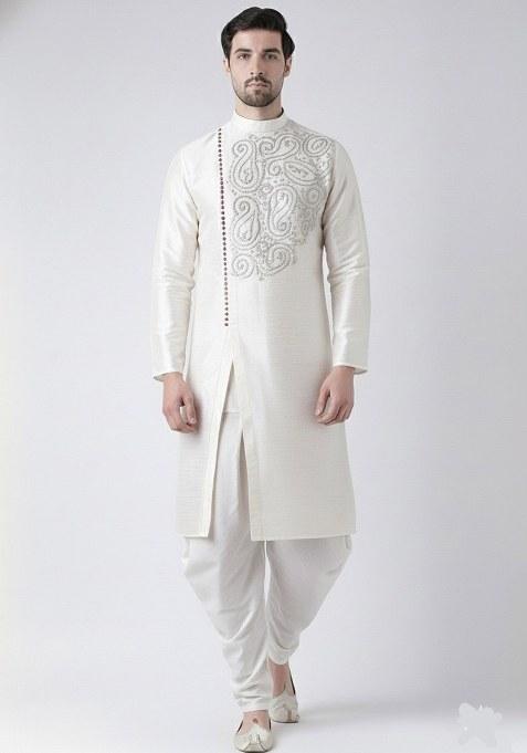 White Embroidered Dupion Silk Blend Kurta Set For Men