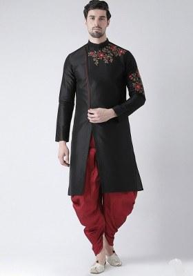 Black Embroidered Dupion Silk Blend Kurta Set For Men