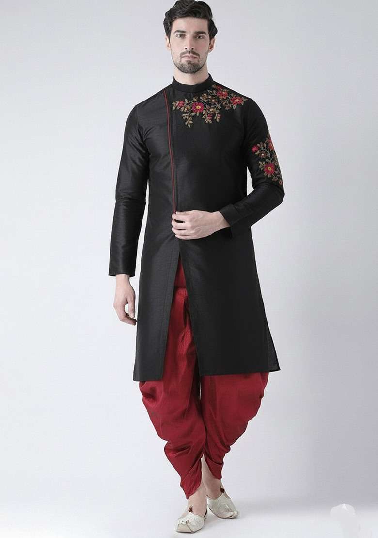 Black Embroidered Dupion Silk Blend Kurta Set For Men - Indya