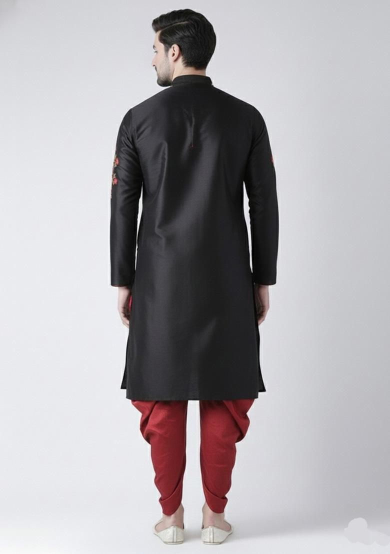 Black Embroidered Dupion Silk Kurta Set For Men - Indya