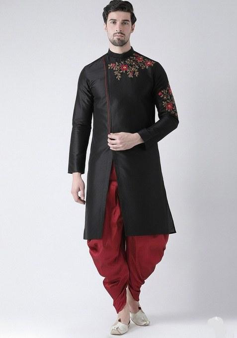 Black Embroidered Dupion Silk Kurta Set For Men