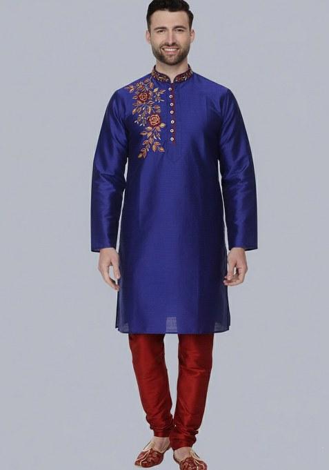 Royal Blue Embroidered Dupion Silk Kurta Set For Men