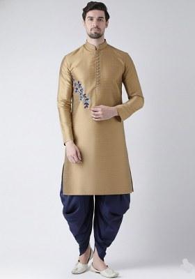Beige  Embroidered Dupion Silk Kurta Set For Men