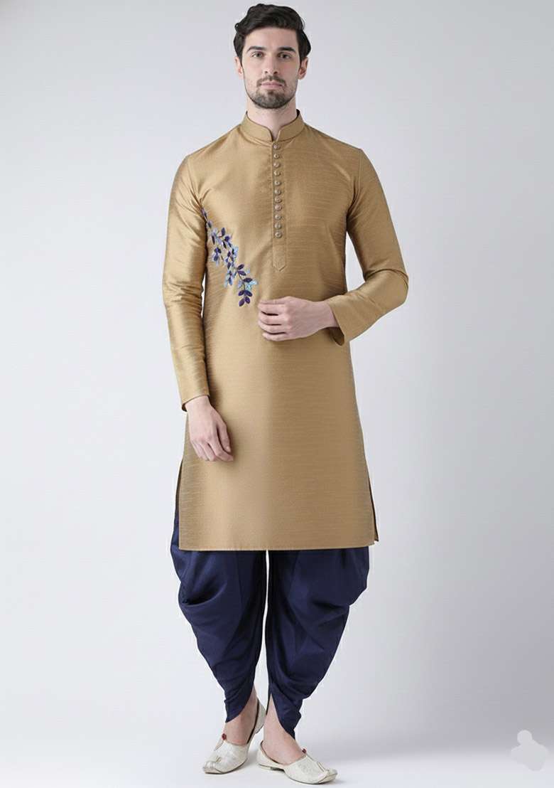 Beige Embroidered Dupion Silk Blend Kurta Set For Men - Indya