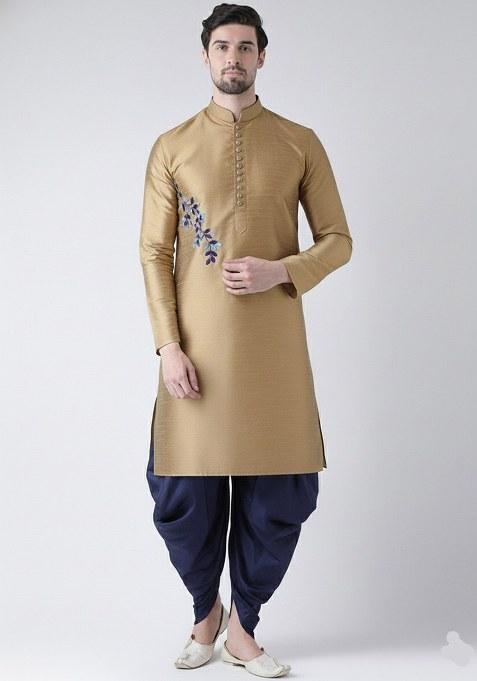 Beige  Embroidered Dupion Silk Kurta Set For Men