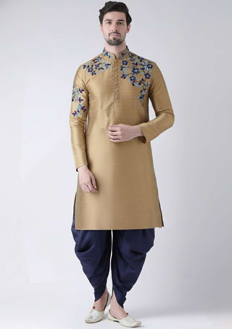 Beige Embroidered Dupion Silk Blend Kurta Set For Men - Indya