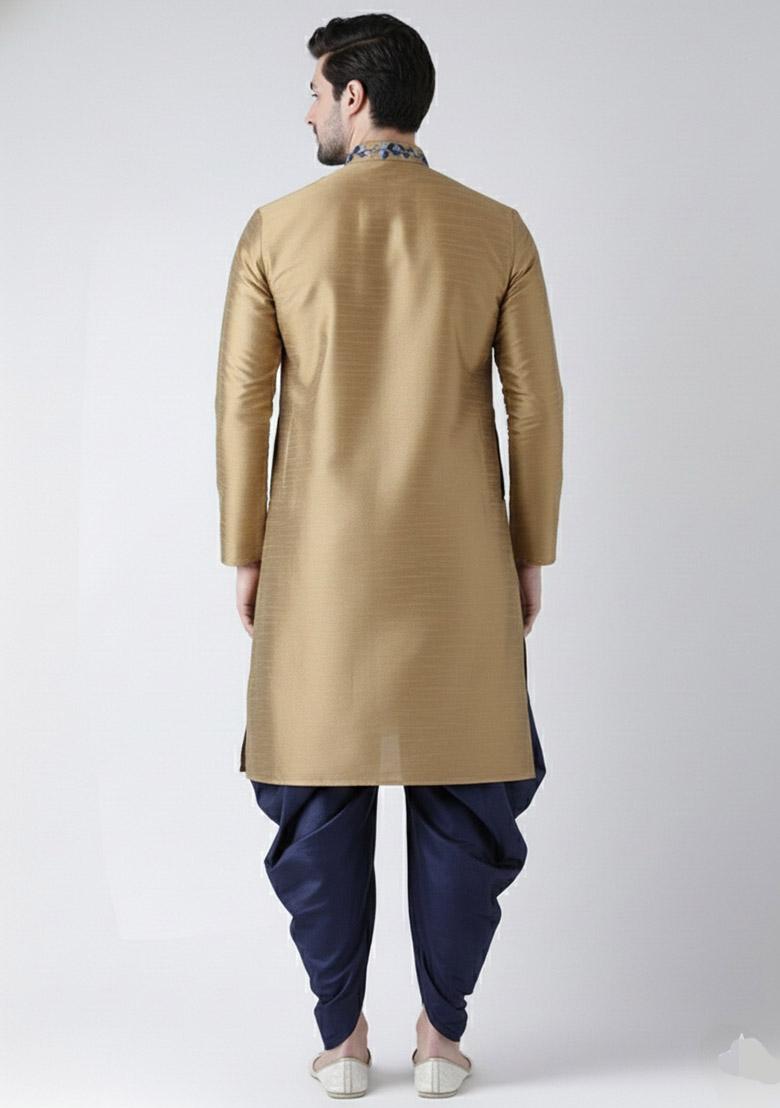Beige  Embroidered Dupion Silk Kurta Set For Men - Indya