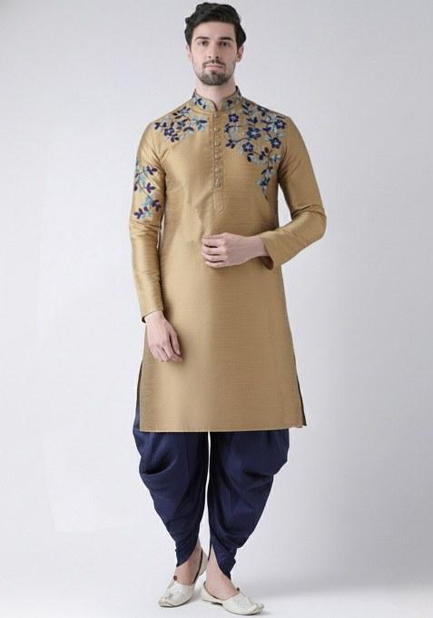 Beige  Embroidered Dupion Silk Kurta Set For Men
