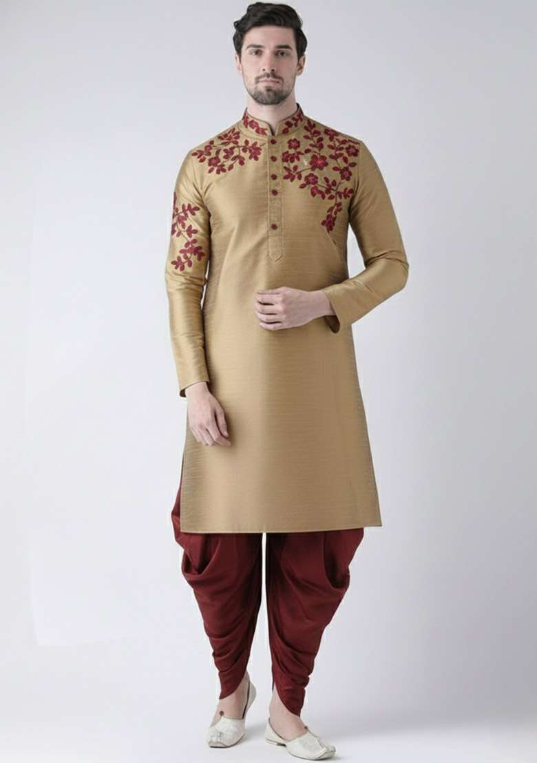 Beige Embroidered Dupion Silk Blend Kurta Set For Men - Indya