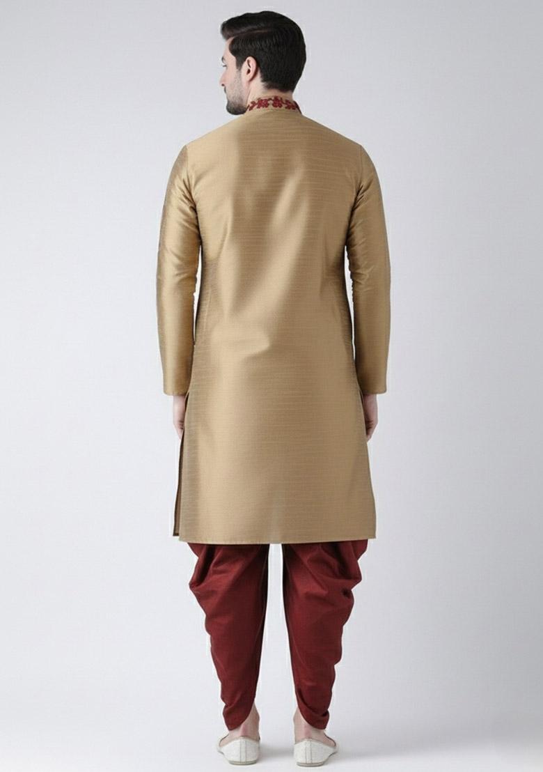 Beige Embroidered Dupion Silk Kurta Set For Men - Indya