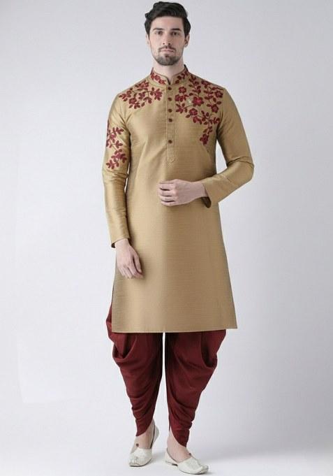 Beige Embroidered Dupion Silk Kurta Set For Men