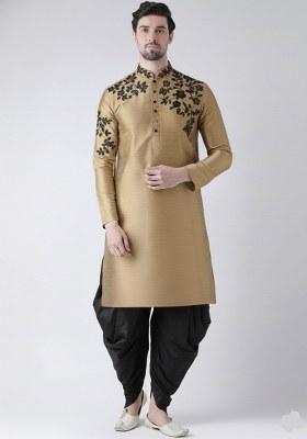 Beige Embroidered Dupion Silk Kurta Set For Men