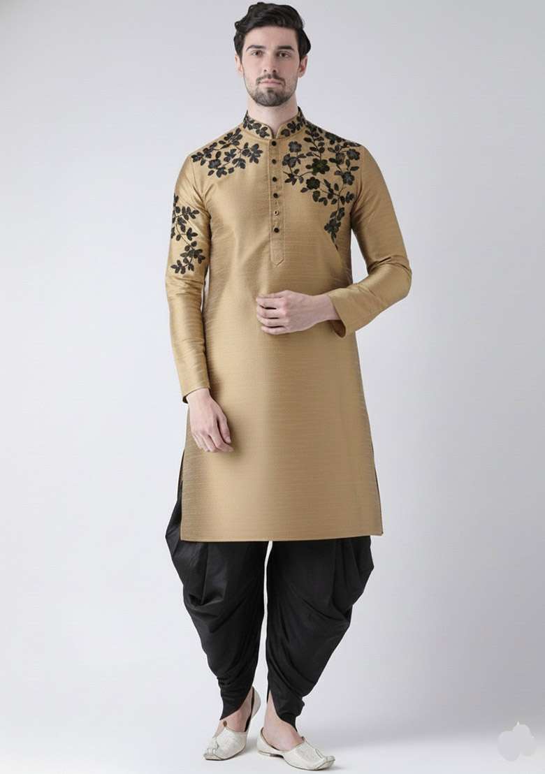 Beige Embroidered Dupion Silk Blend Kurta Set For Men - Indya