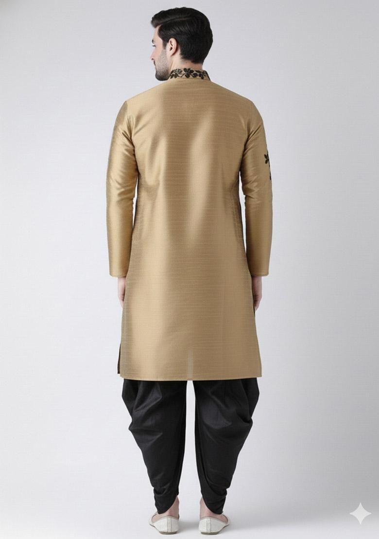 Beige Embroidered Dupion Silk Kurta Set For Men - Indya