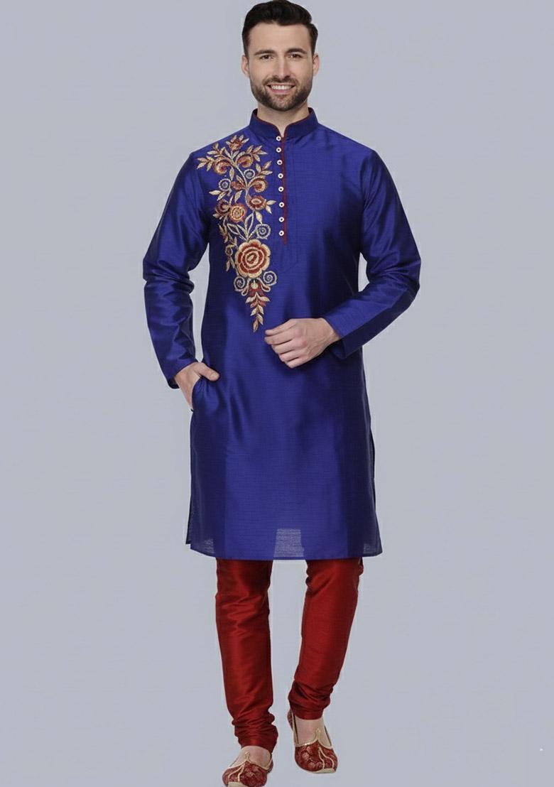 Royal Blue Embroidered Dupion Silk Kurta Set For Men - Indya