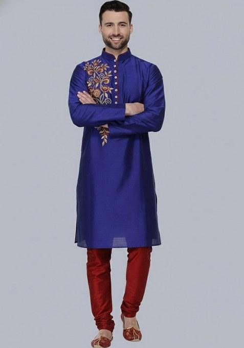 Royal Blue Embroidered Dupion Silk Kurta Set For Men