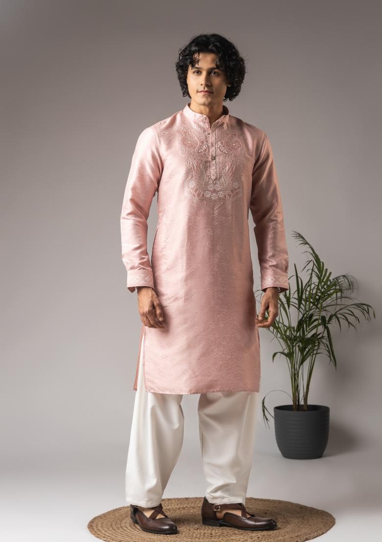 Pink Embroidery Silk Kurta For Men - Indya