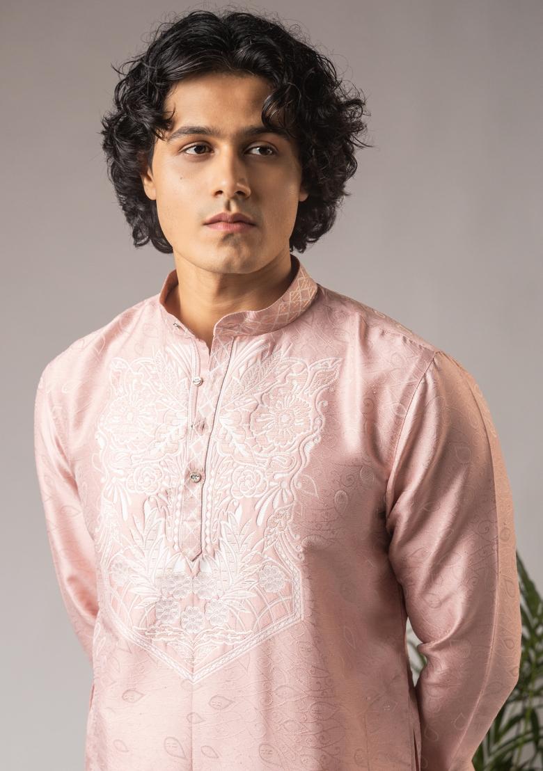 Pink Embroidery Silk Kurta For Men - Indya