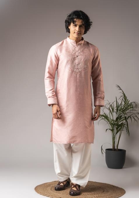 Pink Embroidery Silk Kurta For Men
