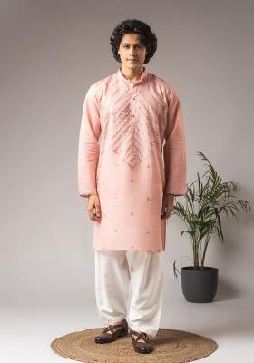 Pink Embroidery Silk Kurta For Men