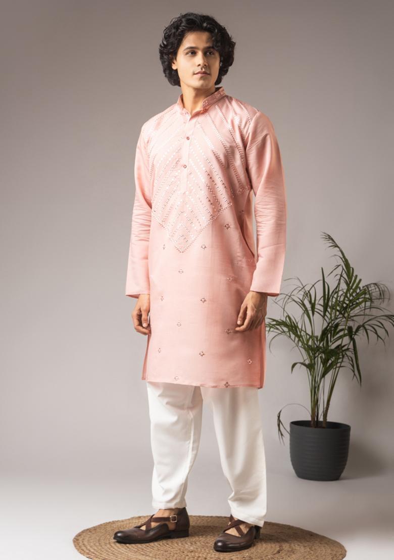 Pink Embroidery Silk Kurta For Men - Indya