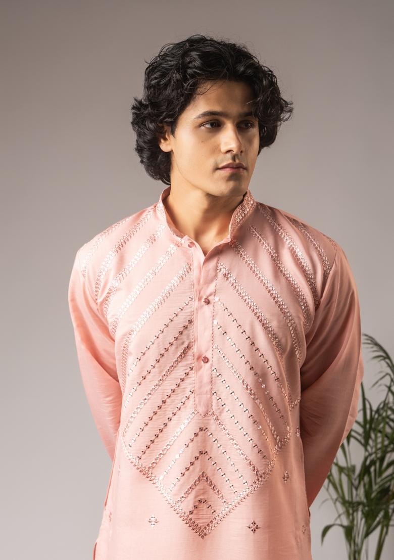 Pink Embroidery Silk Kurta For Men - Indya