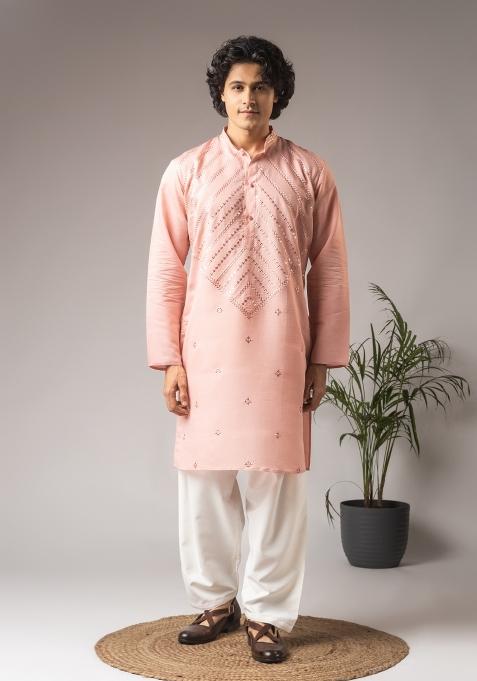 Pink Embroidery Silk Kurta For Men