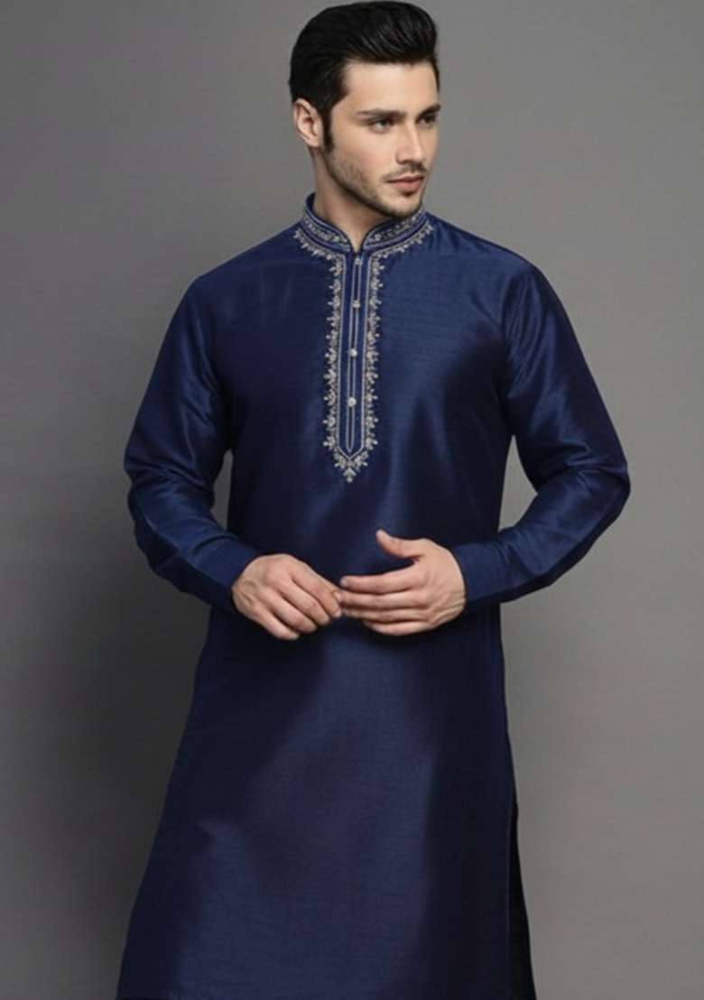 Navy Blue Embroidery Silk Blend Kurta For Men - Indya