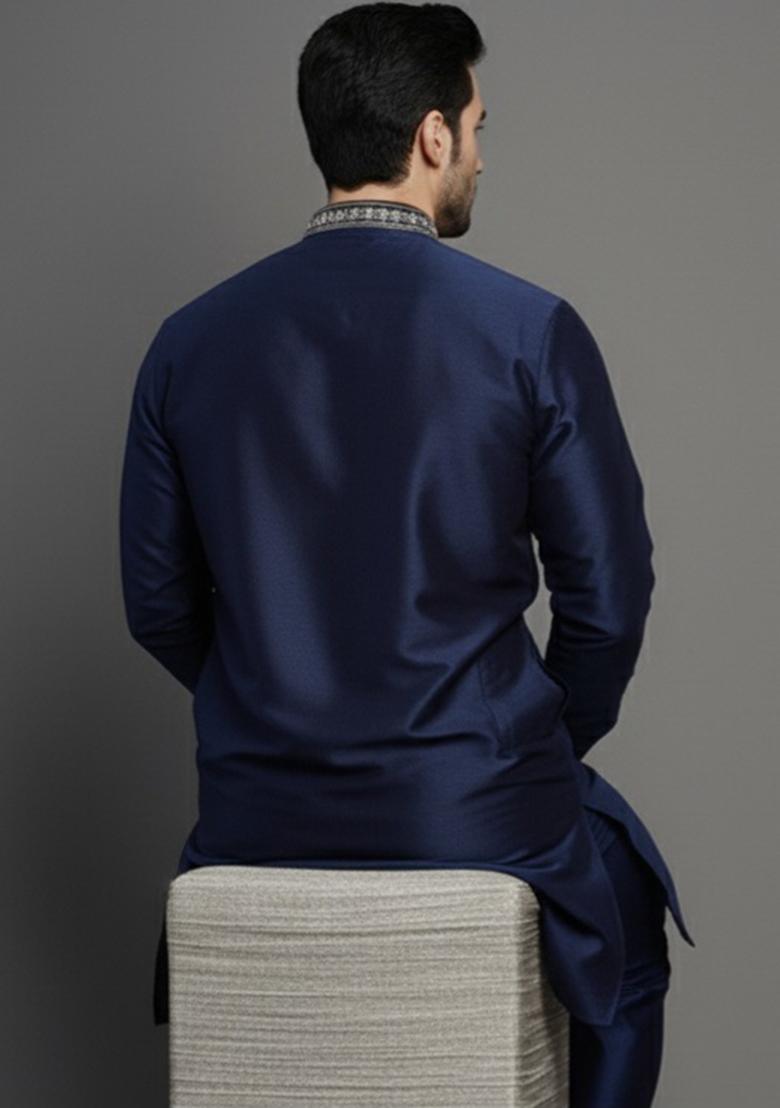 Navy Blue Embroidery Silk Kurta For Men - Indya