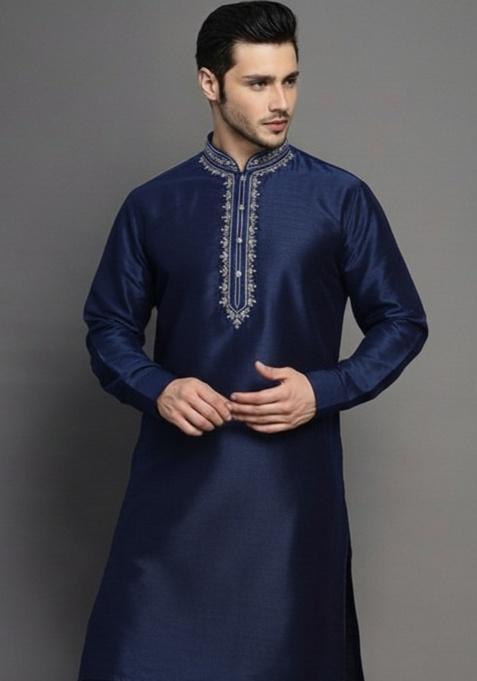 Navy Blue Embroidery Silk Kurta For Men