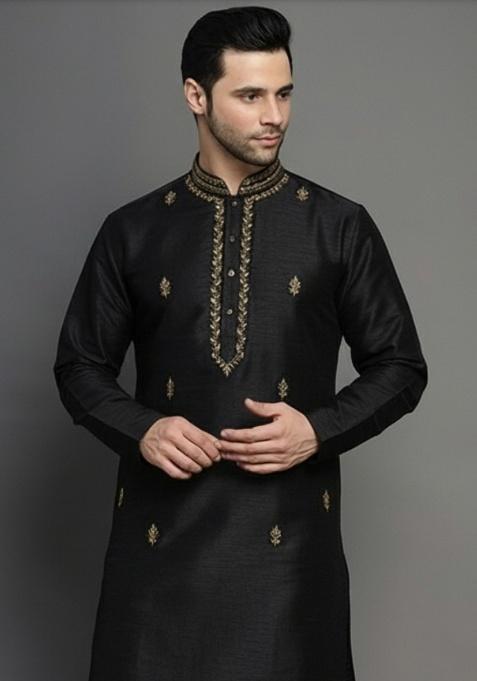 Black Embroidery Silk Kurta For Men