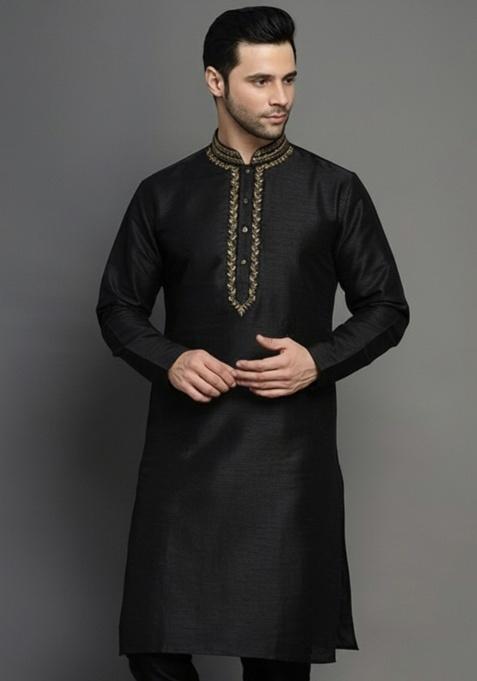 Black Embroidery Silk Kurta For Men