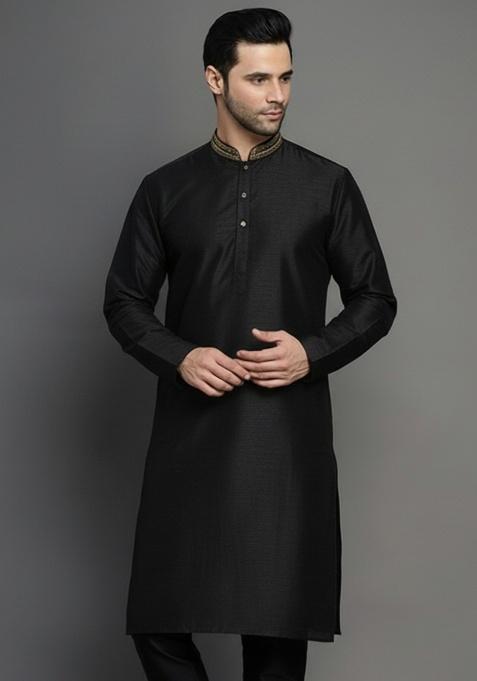 Black Embroidery Silk Kurta For Men
