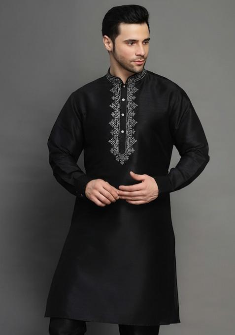 Black Embroidery Silk Kurta For Men