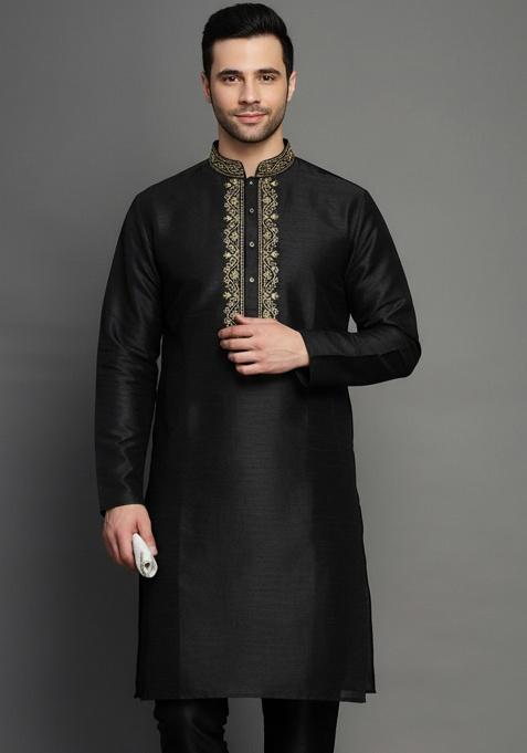 Black Embroidery Silk Kurta For Men