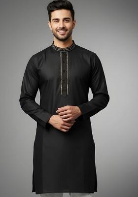 Black Embroidery Cotton Kurta For Men