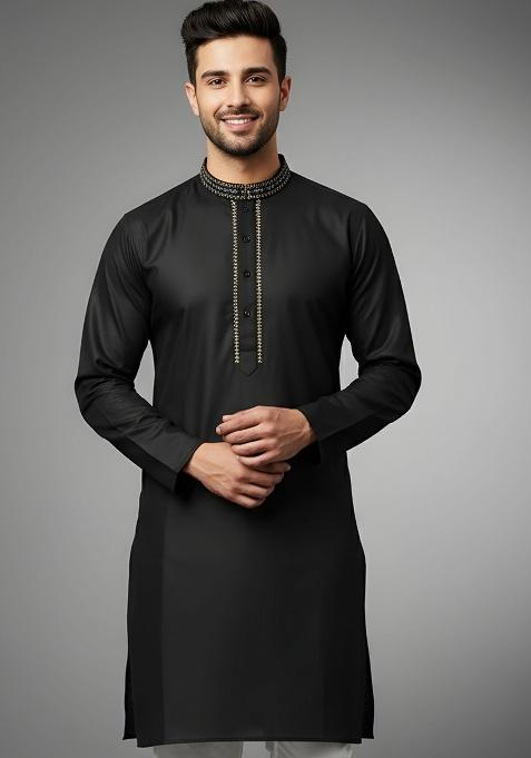 Black Embroidery Cotton Kurta For Men