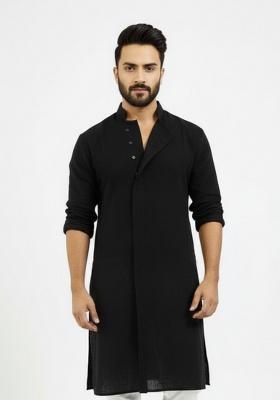 Black Embroidery Cotton Kurta For Men