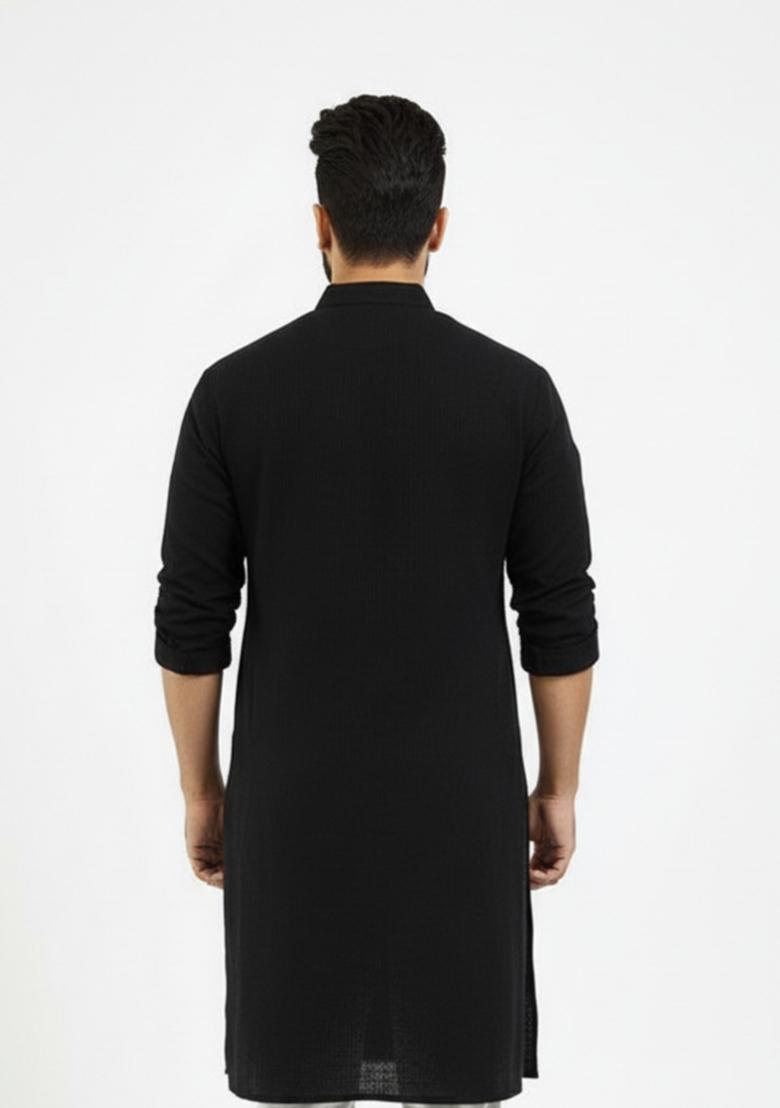 Black Embroidery Cotton Kurta For Men - Indya