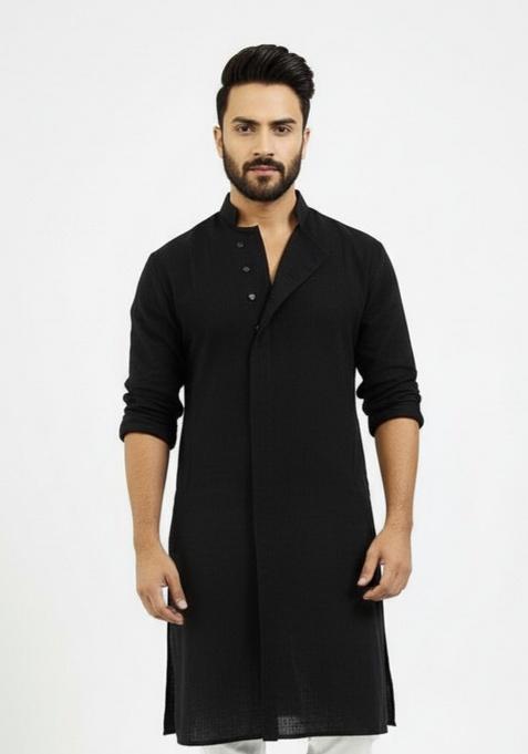 Black Embroidery Cotton Kurta For Men