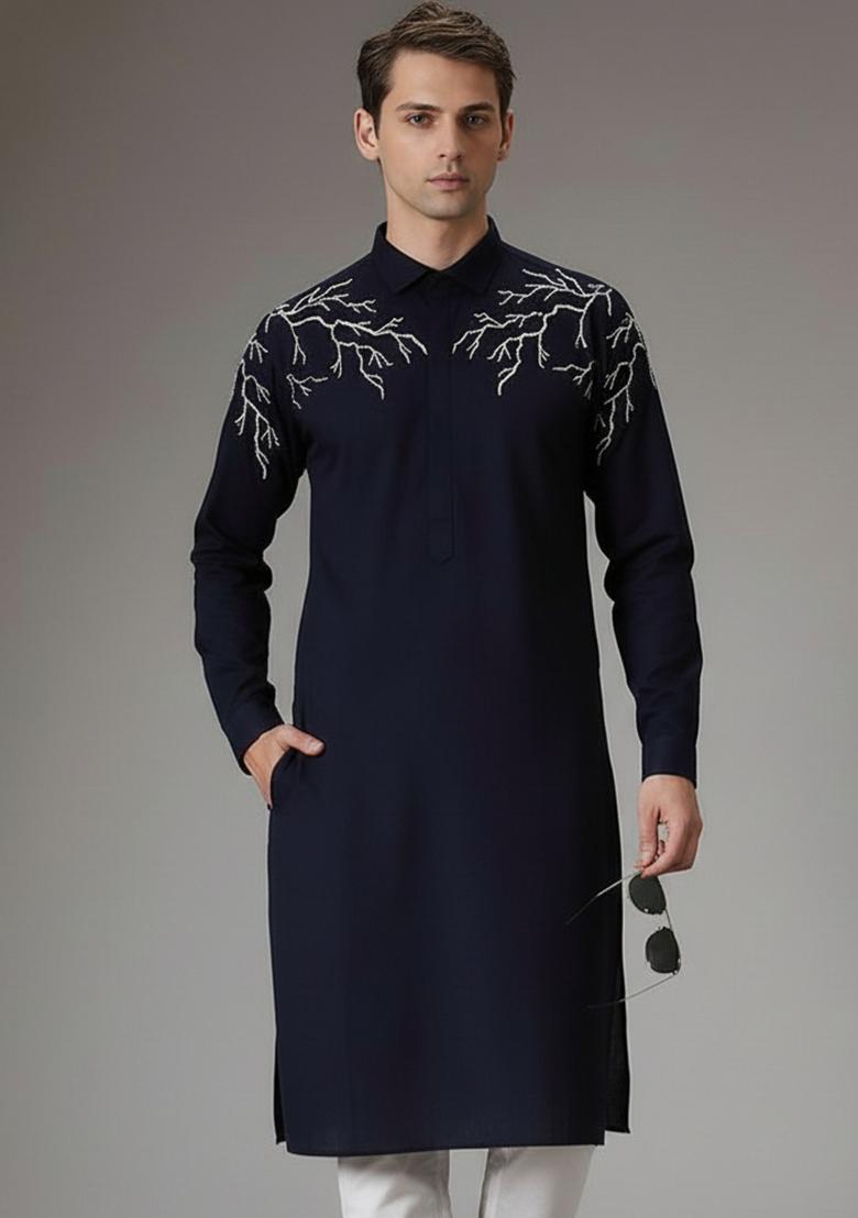 Navy Blue Embroidery Cotton Kurta For Men - Indya