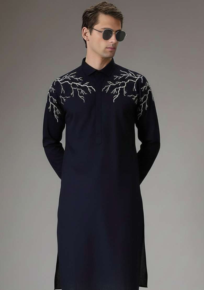 Navy Blue Embroidery Cotton Kurta For Men - Indya