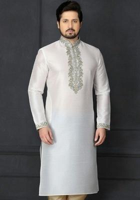 White Embroidery Silk Kurta For Men
