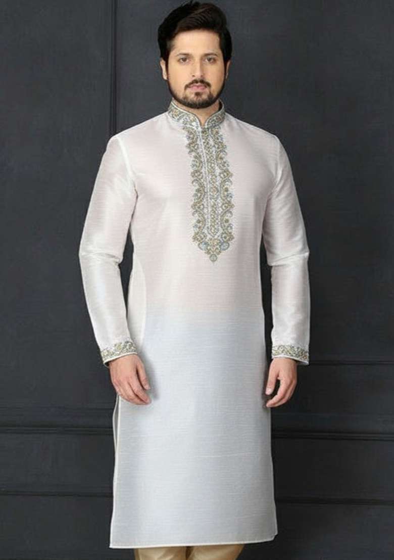 White Embroidery Silk Blend Kurta For Men - Indya