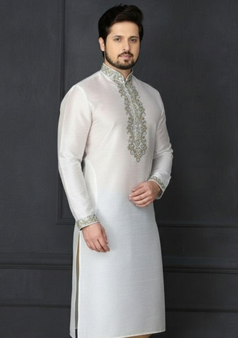 White Embroidery Silk Kurta For Men - Indya