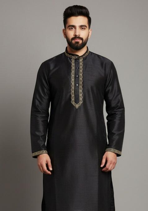 Black Embroidery Silk Kurta For Men