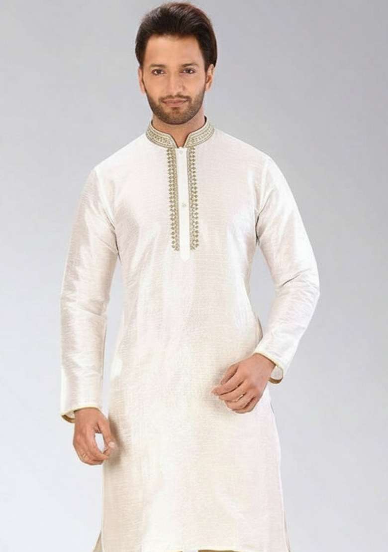 White Embroidery Silk Blend Kurta For Men - Indya