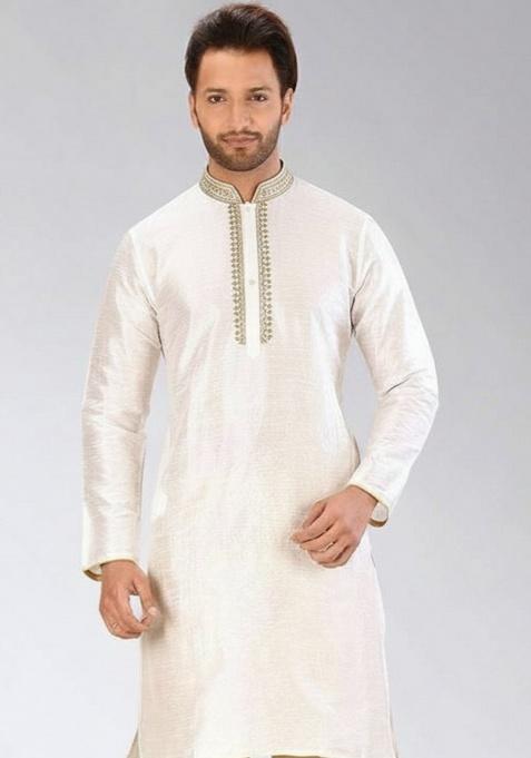 White Embroidery Silk Kurta For Men