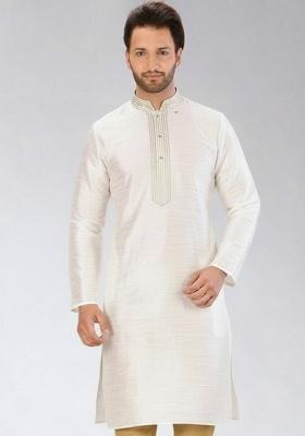 White Embroidery Silk Kurta For Men