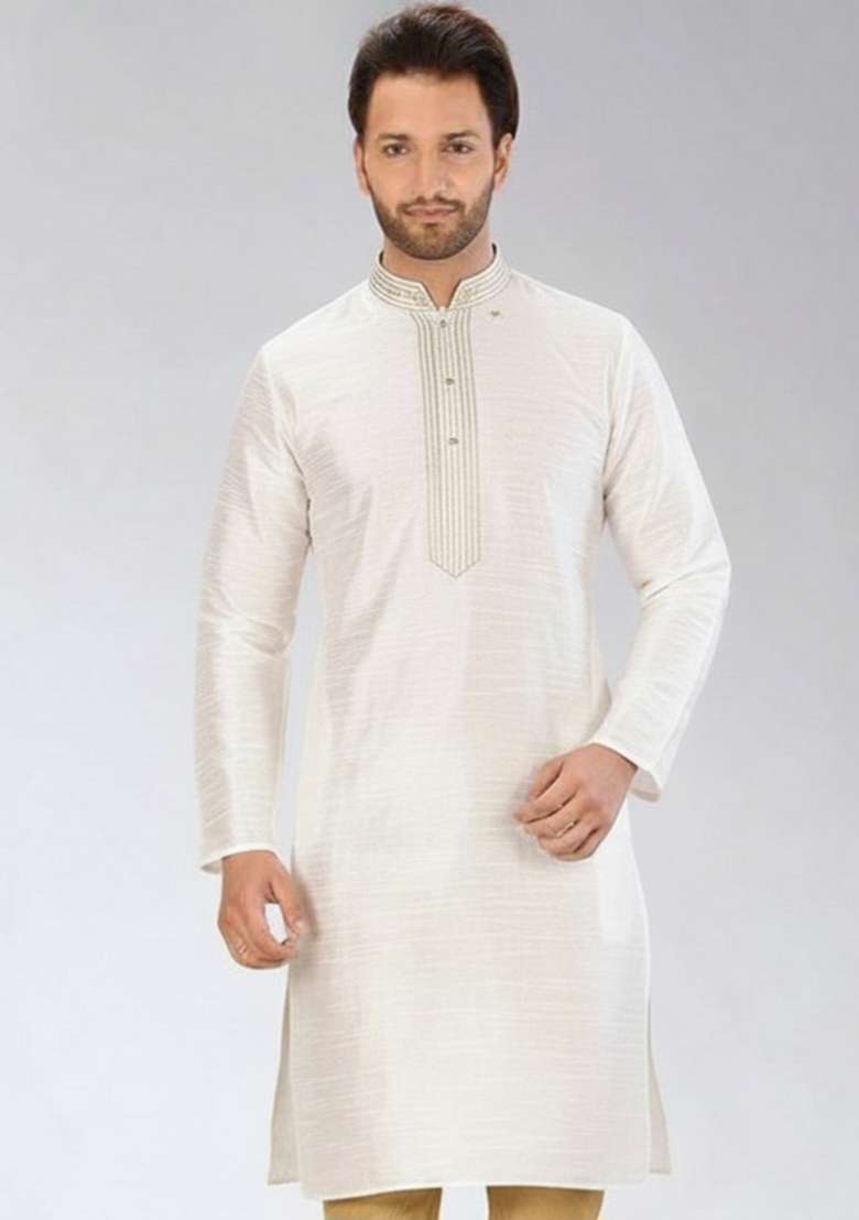 White Embroidery Silk Blend Kurta For Men - Indya